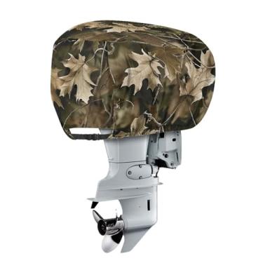 Imagem de Wiryuouvt Capa de motor de barco camuflada Leaf Hunting com saída de exaustão à prova d'água meia capa de motor de popa com alça elástica Capa universal de motor de barco 600D adequada para motor 10