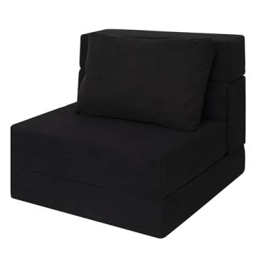 Imagem de Ressainic Cadeira dobrável para sofá-cama com travesseiro, cadeira dobrável conversível, colchão de espuma, sofá-cama dobrável para sala de estar/dormitório/convidado/escritório (veludo cotelê preto