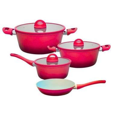 Imagem de Jogo De Caçarola Panela 18cm Frigideira Indução Cerâmica Miami Vermelh