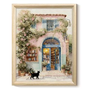 Imagem de VIYYIEA Texturas de madeira emolduradas para parede Livraria rosa e impressões em tela de gato preto, decoração de casa confortável, impressão emoldurada adequada para sala de estar, estudo, cozinha