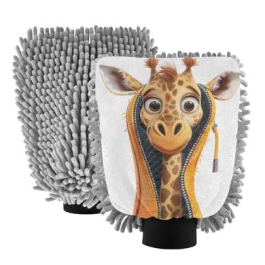 Imagem de ODAWA Luva de limpeza de carro chenille, luva de lavagem com detalhes automáticos girafa dos desenhos animados, 18 cm x 26 cm (pacote com 2)