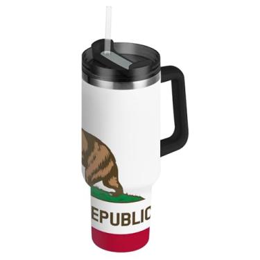 Imagem de Joisal Copos com bandeira do estado da Califórnia com tampa e canudo Copo grande de 1,134 g com alça garrafas de água isoladas carros de aço inoxidável xícara de café bebida quente