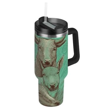 Imagem de Joisal Copos com tampas e palha animais agrícolas ovelhas vaca copo com alça 1,134 g garrafas de água com isolamento térmico de aço inoxidável carros caneca de café bebida quente