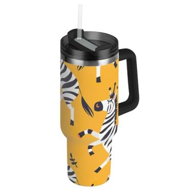 Imagem de Copos de aço inoxidável com tampas e palha, impressão de zebra amarela engraçada, caneca de café, bebida quente, copo térmico de 1,134 g com alça, garrafas de água isoladas