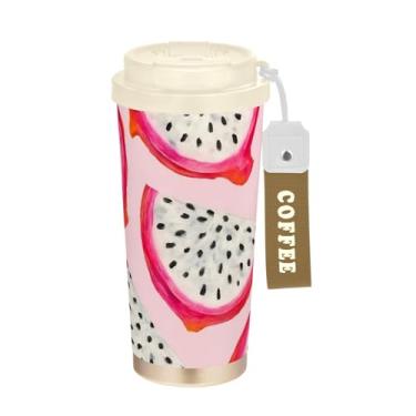 Imagem de TSENQUE Caneca de café de viagem de 473 ml, copo de café com revestimento cerâmico com canudo e tampa de filme, copo isolado a vácuo de aço inoxidável, fatias de fruta do dragão em aquarela rosa