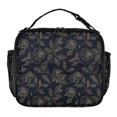 Imagem de Lancheira elegante dourada floral preta para mulheres, meninas, lancheira com alça de ombro, lancheira masculina e infantil, para trabalho, meninos, estampa animal, bolsa térmica