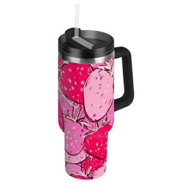 Imagem de Joisal Copos de morango rosa com tampas e canudo garrafas de água isoladas de aço inoxidável 1,134 g copo com alça caneca de café quente térmica para carros
