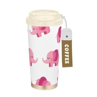 Imagem de Caneca de viagem de café 40 ml com revestimento cerâmico, copo de café de aço inoxidável com tampa e canudo, copo isolado a vácuo, bonito desenho animado rosa elefantes brancos