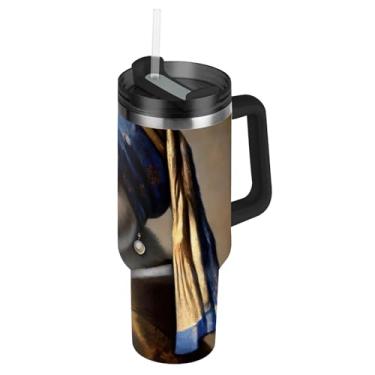 Imagem de Joisal Copos de aço inoxidável com tampas e canudos Clássico Coelho Pérola Brinco Carro Copo de Café Térmico 850 g Copo com Alça Garrafa de Água Isolada