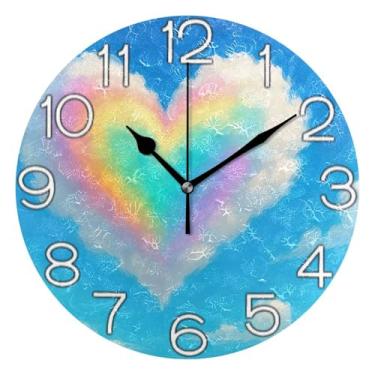 Imagem de Relógio de parede analógico decorativo estético silencioso sem tique-taque relógio de cozinha de escritório, decoração de sala de estar, arte moderna, nuvem de coração arco-íris, 25 cm, ponteiros