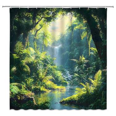 Imagem de Cortina de chuveiro com cachoeira floresta tropical selva verde paisagem natural com luz solar, natureza, árvore, país das maravilhas floresta, paisagem natural, decoração de banheiro, cortinas de