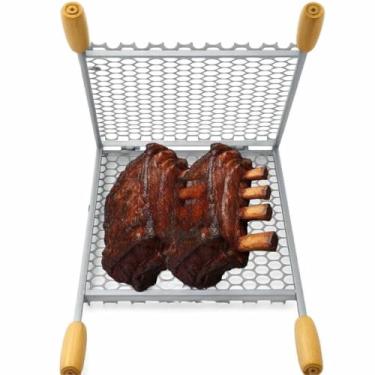 Imagem de Grelha Churrasqueira，ReforçAdo e DuráVel，ConstruíDo em AçO，Com Duas Pegas de Madeira，Adequado para Assar Costelas, Peixe, Coxas de Frango, Etc.