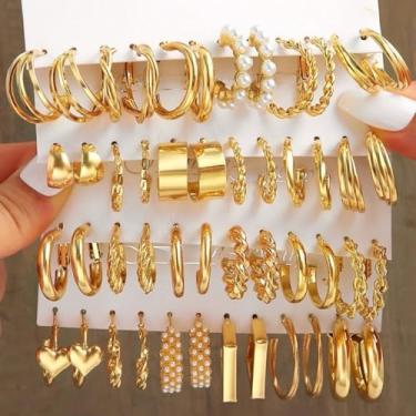 Imagem de Conjunto de brincos de ouro feminino - Argola de metal e design geométrico quadrado joias de vários estilos