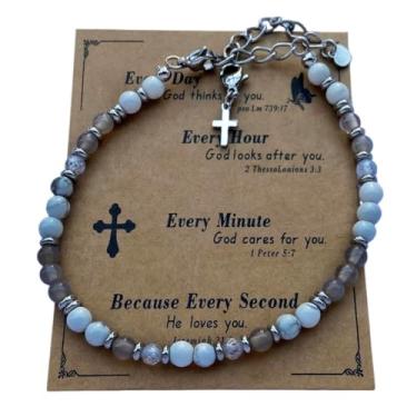 Imagem de DOLON Pulseira minimalista cristã com pingente de cruz com contas boêmia de pedra natural de 4 mm para mulheres, homens, confirmação, batismo, Páscoa, aniversário, presentes religiosos de Natal