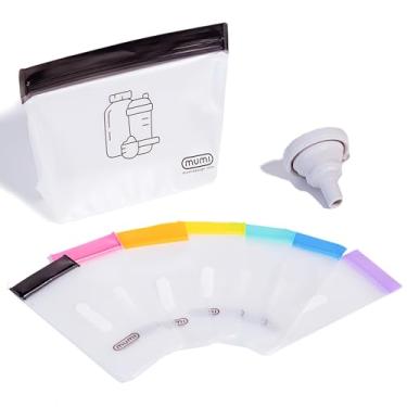 Imagem de MUMI Kit de dose única – 7 unidades (6 x 15,5 cm) pacotes reutilizáveis de recipiente de viagem de proteína em pó com saco com zíper (20,3 cm x 12,7 cm) e funil | Recipiente de proteína em pó para