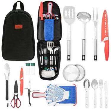 Imagem de Conjunto de utensílios de acampamento, 21 peças de kit de cozinha de acampamento com ferramentas de churrasco, conjunto de facas e kit de especiarias – tábua de corte resistente ao calor, talheres