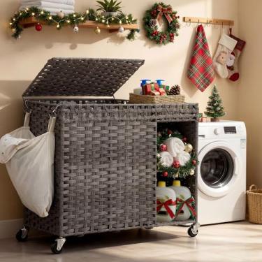 Imagem de Heybly Cesto de roupa suja com tampa, cesto de roupa de vime sintético de vime de vime de 160 l com rodas, organizador de armazenamento de 2 seções tecido à mão com forro removível (107 litros), forro