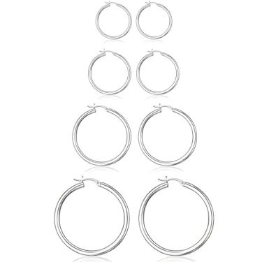 Imagem de 4 pares de brincos de argola de ouro prata para mulheres, 30/40/50/60 mm, aço inoxidável, banhado a ouro prata 14 K, hipoalergênico, moderno, leve, conjunto de brincos de laço, Large, Aço inoxidável