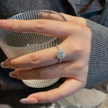 Imagem de Anel feminino de cristal com corte princesa banhado a prata, quadrado, zircônia cúbica, ajustável, expansível, casamento, noivado, envoltório aberto, ajuste confortável, joia para festas de fim de ano