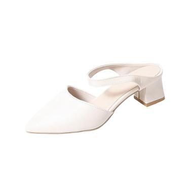 Imagem de Mules de salto alto para mulheres, plus size, cor sólida, bico fino, bico fechado, salto em bloco, casual, confortável, ao ar livre, ambientes internos, Branco, 38