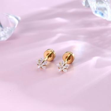 Imagem de Brincos pequenos de aço inoxidável cirúrgico banhado a ouro 14 K para mulheres e homens, minúsculo, estrela, cartilagem traseira, para orelhas sensíveis, standard, Aço inoxidável, Sem pedra preciosa