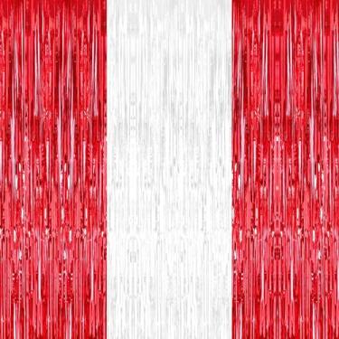 Imagem de KatchOn, Flâmulas vermelhas e brancas – 8 x 2,5 m, pacote com 3 | Cortina com franjas vermelhas e brancas para decoração de Natal | Pano de fundo com franjas para casamento, decorações de Dia dos