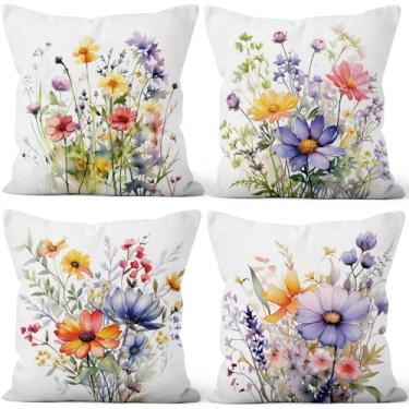 Imagem de Vie Savaran 4 peças/conjunto de fronhas florais flores silvestres folhas verdes sálvia plantas coloridas vintage capas de almofada para decoração ao ar livre, casa, sofá, quarto, casa de fazenda, 50,8