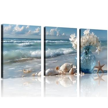 Imagem de TutuBeer Arte de parede em tela de casa de banho de praia, estrela-do-mar com flores brancas, imagens costeiras, arte de parede, tela, paisagem marítima, pintura de concha, arte impressa para sala de