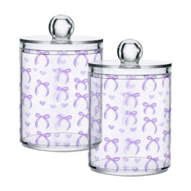 Imagem de CZXW Pacote com 2 frascos de boticário com laço roxo Love Qtip organizador hermético transparente para cotonetes de algodão, armazenamento de alimentos, frascos de plástico de 400 ml com tampas