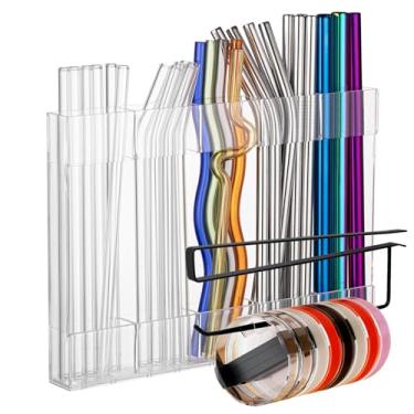 Imagem de SPEDOL Suporte de canudo para armário de cozinha: organizador de acrílico e suporte de tampa suspensa com adesivo para porta - conjunto de armazenamento de acessórios de copo
