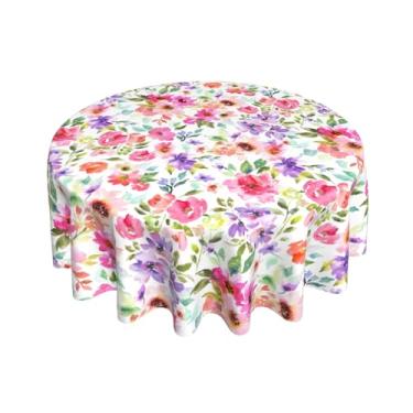 Imagem de Toalha de mesa redonda floral primavera 152 cm verde rosa roxo aquarela flor decorativa verão tecido de poliéster lavável toalhas de mesa sazonais para casa, cozinha, festa, jantar, decoração