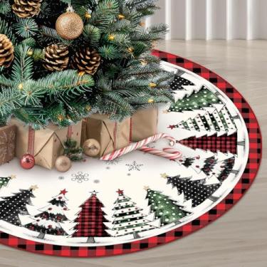 Imagem de Saia para árvore de Natal, 121 cm, vermelho e preto, buffalo, xadrez, árvore de Natal, enfeites de árvore de Natal para casa de fazenda de inverno, decorações de Natal (122 cm)