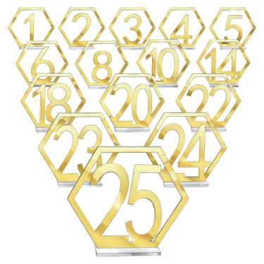 Imagem de LUMINFLY Números de mesa de acrílico geométricos modernos 1-25 com suportes, design hexagonal vazado, acabamento dourado refletivo para casamentos, festas, restaurantes e eventos