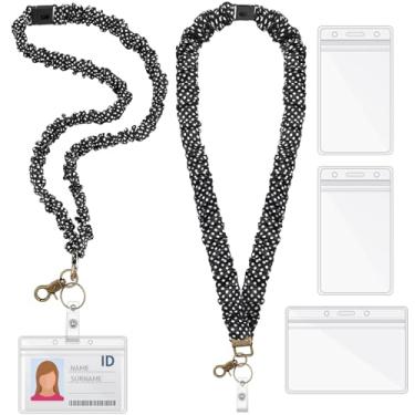 Imagem de Geyoga Conjunto de 2 cordões para professores com fivela de segurança para crachás de identificação, cordão retrátil para presente de professor de escritório (bolinhas, preto e branco)