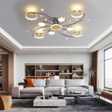 Imagem de Luminária de teto LED dimerizável com cristais, design criativo e personalizado para sala de estar, lustre de metal preto com controle remoto, ideal para restaurantes, ilhas de cozinha e qua