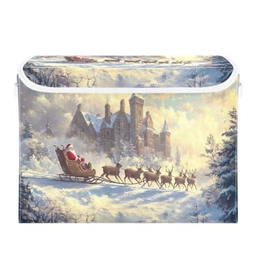 Imagem de SEHANY Linda caixa de armazenamento de Papai Noel de Natal com tampas e alças, organizador de cestas de armazenamento de tecido dobrável, caixas de armazenamento de cubos grandes para roupas, cobertor