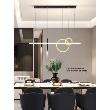 Imagem de Luminária pendente LED moderna, regulável e com controle remoto, em alumínio, com altura ajustável, ideal para mesa de jantar, sala de estar e escritório (preto + dourado, 100 cm).