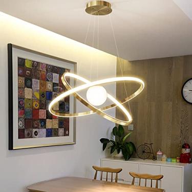 Imagem de Luminária pendente LED moderna, lustre de mesa de jantar com 2 anéis LED, dimerizável e com controle remoto, ideal para sala de estar, cozinha, sala de jantar e quarto (dourada, 60 cm de com