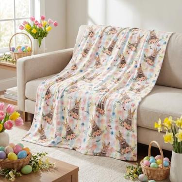 Imagem de Horaldaily Manta de flanela de Páscoa, ovos de páscoa, xadrez, coelho, coelho, flores, folhas macias e felpudas, cobertores de lã aconchegantes para sofá, cama, presentes ideais para crianças e