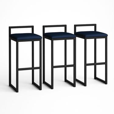 Imagem de Kit 3 Banquetas Corino Ferro Cozinha Balcão Alta Bistro Cor:azul Marinho