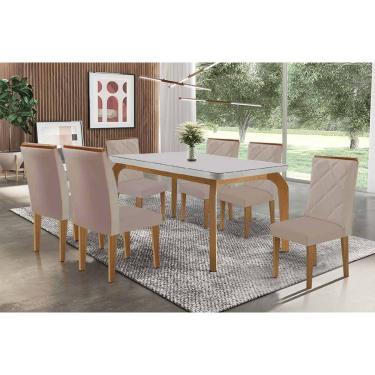 Imagem de Sala Jantar Mesa Londrina Tampo c/ Vidro Curvo 180cm+6 Cadeiras Pietá Madeira Naturale/Off White - Capuccino/Suede Capuccino - Rufato
