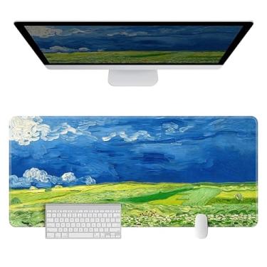 Imagem de Tapete de mouse de arte grande extra longo e grosso com bordas costuradas, base antiderrapante, teclado à prova d'água para escritório e casa, Van Gogh - Campos de trigo sob nuvens de tempestade (90 x