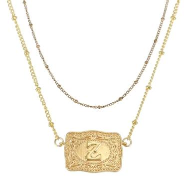 Imagem de PATIKIL Colar de fivela de cinto em relevo, 1 conjunto de colar de etiqueta de vaca com inicial ocidental com corrente de contas joia ocidental para mulheres e homens, presente de aniversário, letra Z