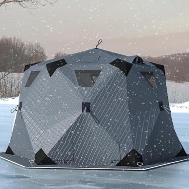 Imagem de Abrigo portátil de pesca no gelo de 2,6 m para 3 a 5 pessoas, barraca pop-up com isolamento hexagonal, abrigo de acampamento estilo cubo de inverno à prova de vento com bolsa de transporte e tapete de