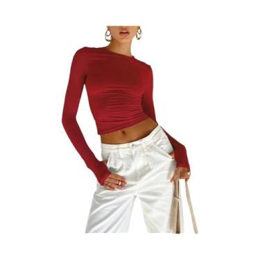 Imagem de Camiseta Cropped Feminina De Manga Longa Com Decote Redondo E Abertura