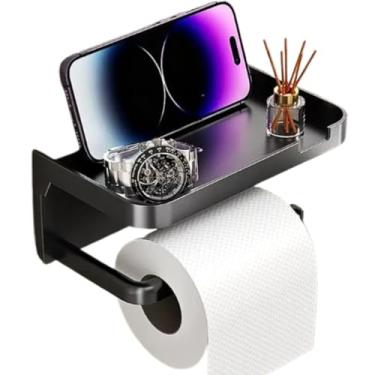 Imagem de Suporte de Papel Higiênico 2 em 1 com Prateleira para Celular, Plástico, Preto, Sem Furar, de parede, colado com adesivo, banheiro, suporte para rolos, porta papel higienico