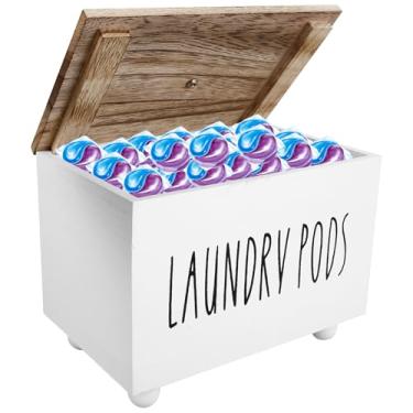 Imagem de MABCIRY Recipiente para cápsulas de lavanderia com tampa, suporte de cápsulas de lavanderia de madeira maciça, recipiente multiuso para secadora de roupas, recipiente de detergente para lavanderia