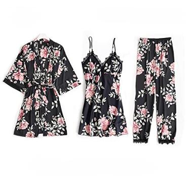 Imagem de HHHJQFAAT Pijama feminino 3 peças floral rendado acabamento cetim conjunto de pijama com roupão decote em V vestido de dormir G azul marinho B (azul marinho b)