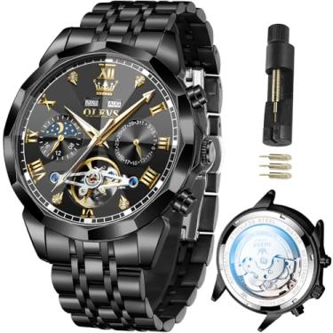 Imagem de OLEVS Relógio masculino automático de aço inoxidável esqueleto mecânico à prova d'água luminoso com corda automática diamante masculino, relógio masculino preto, all black men watch, relógio masculino