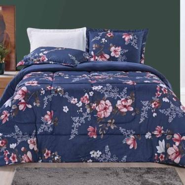 Imagem de Edredom Celi King Dupla Face 200 Fios - Azul Marinho Floral - Casa Sca